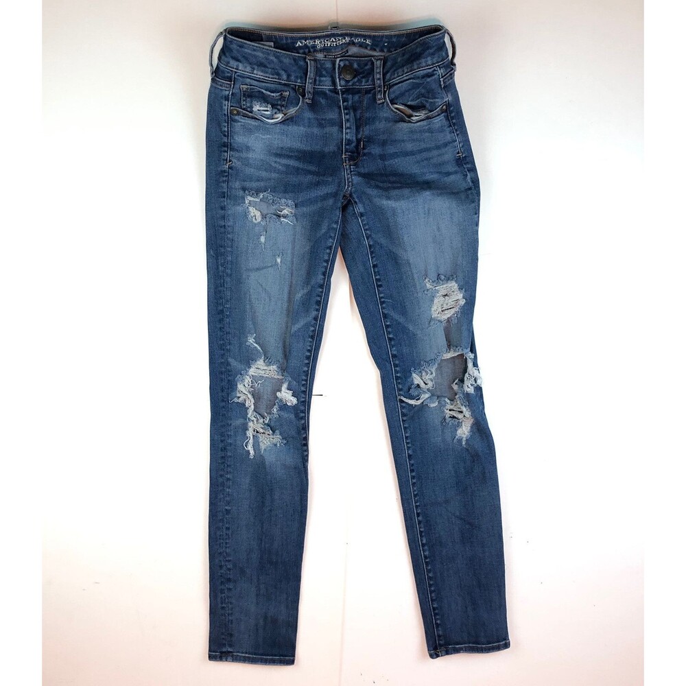 American Eagle Super Stretch X Medium Wash Destroyed Jeans Sz 2 XXX12